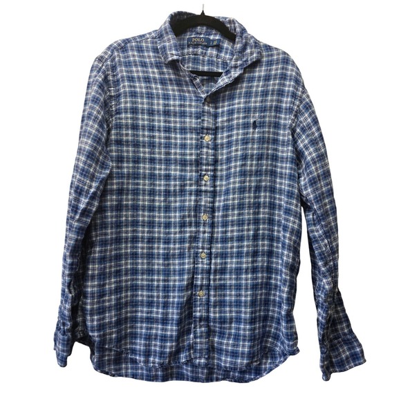 Polo Ralph Lauren Other - Polo Ralph Lauren Mens Blue Plaid 100% Linen Long Sleeve Button Down Shirt Large